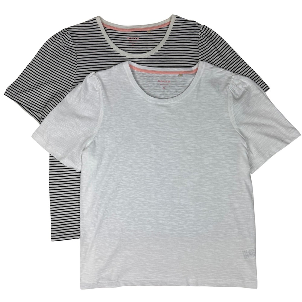 Boden T-Shirt Lot of 2 Pc Puff Sleeve Women XL Slub Cotton White & Black Striped